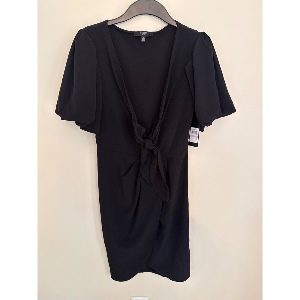 GUESS‎ Black Tie Front Flutter Sleeve V-Neck Mini Dress GDQP4432 blk Size 6 NEW